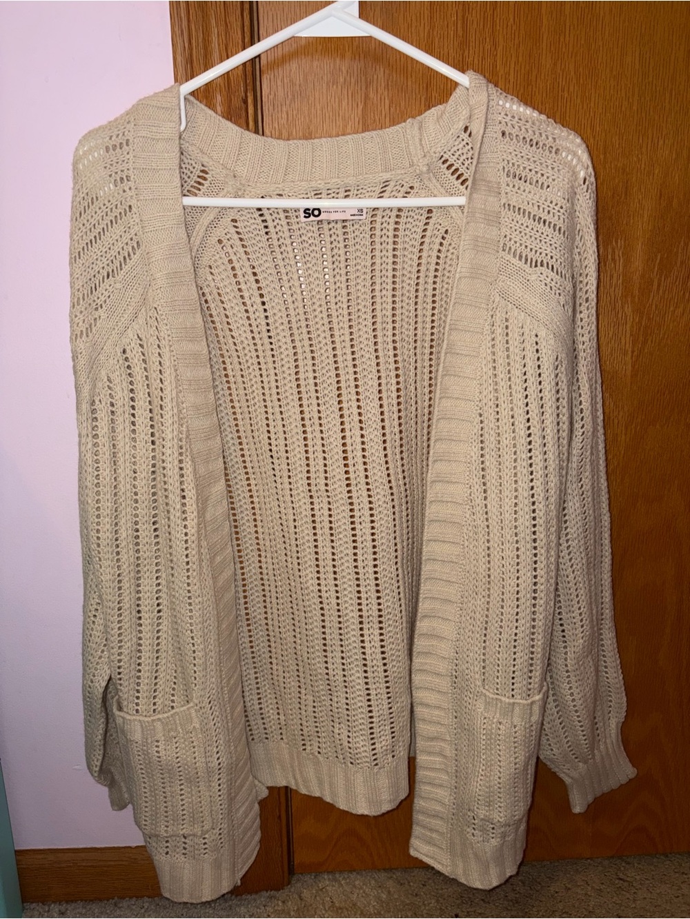 SO Open-Weave Cream Knit Cardigan with Pockets